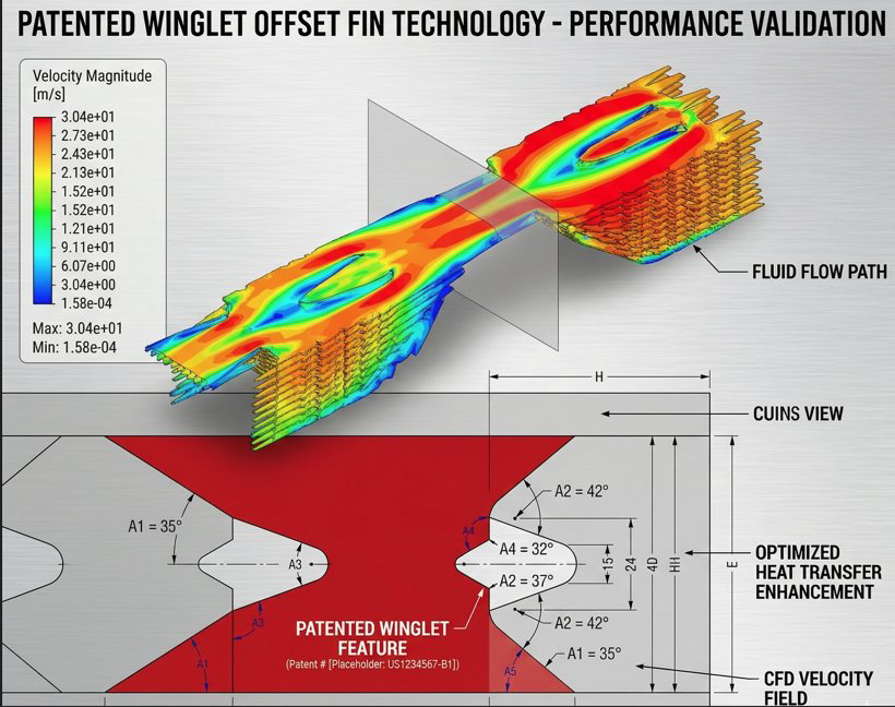 Patented Winglet Offset Fin, CFD velocity magnitude